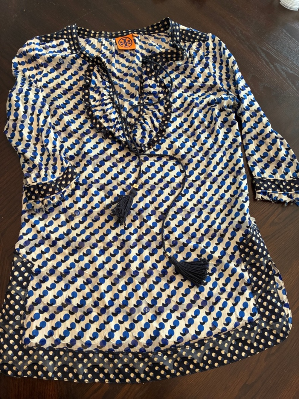 Silk Tory Burch Navy and White Tassel-Trim Printed Tunic